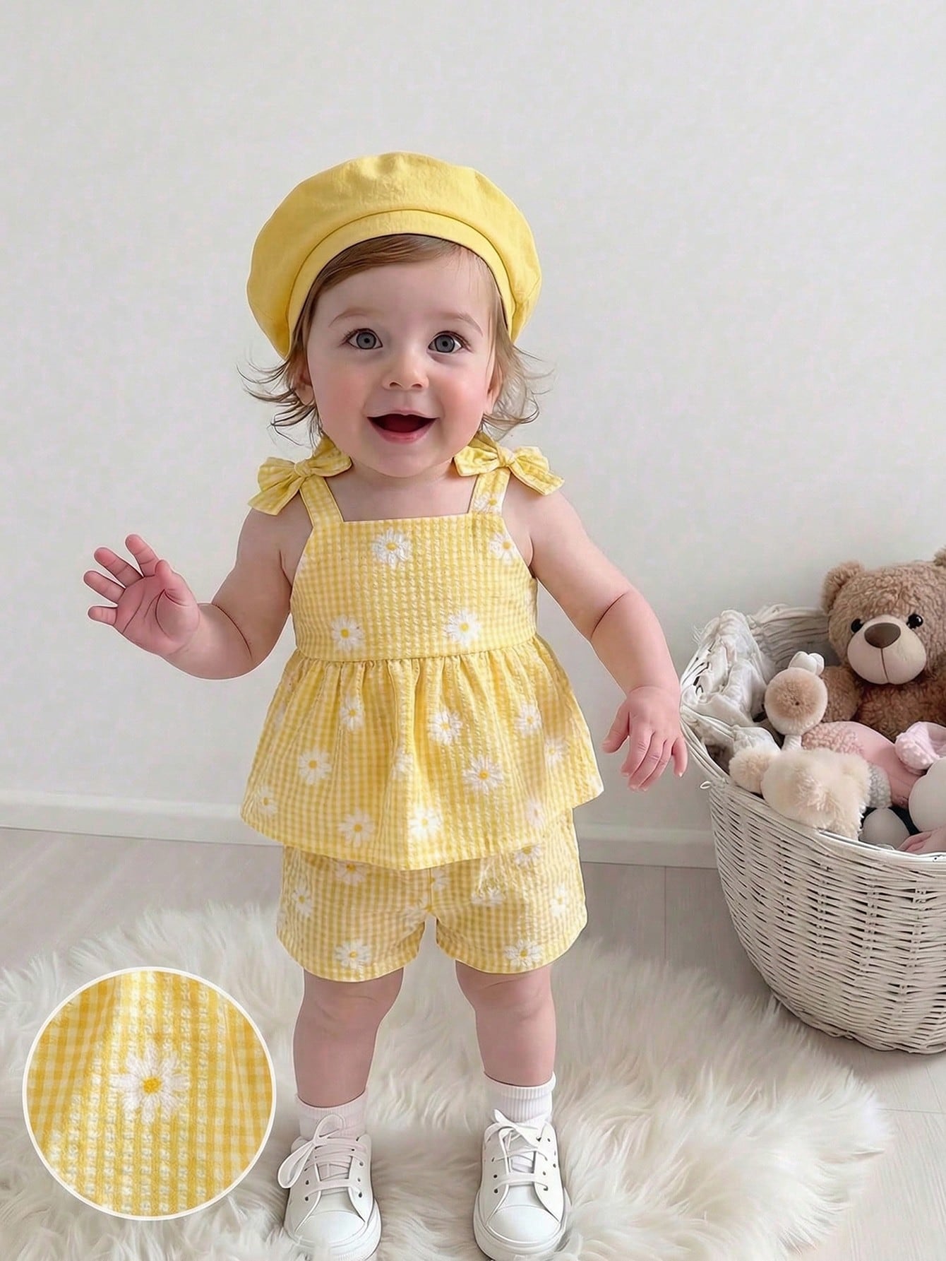 2pcs Baby Girl Toddler/Newborn 0-3Y Casual Everyday Cute Vacation Striped Bow Decor Camisole Top + Shorts Set, Spring/Summer
