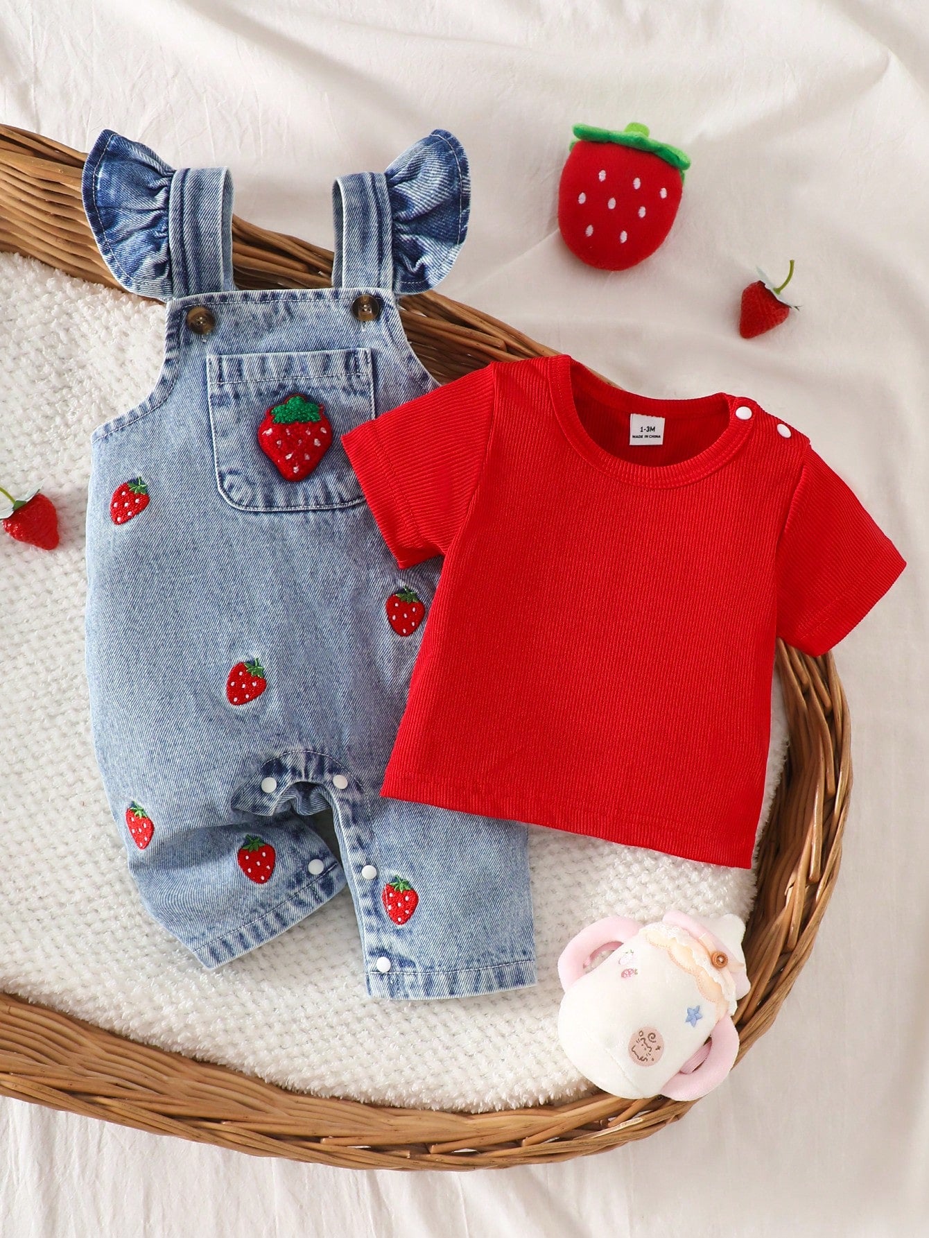 2pcs Baby Girls' Cute Strawberry Embroidered Bib Pants Soft Cotton Blue Summer Family Matching