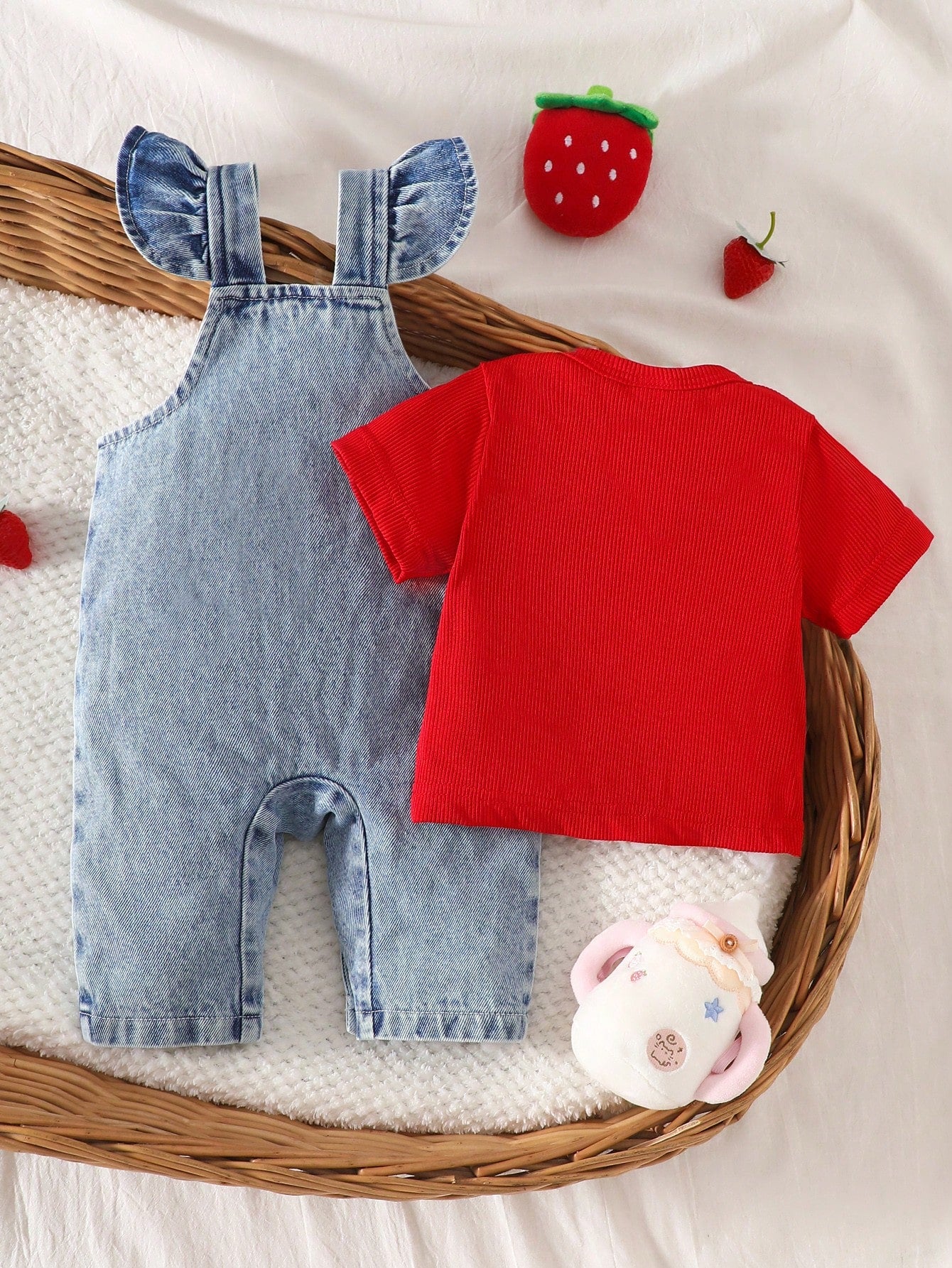 2pcs Baby Girls' Cute Strawberry Embroidered Bib Pants Soft Cotton Blue Summer Family Matching