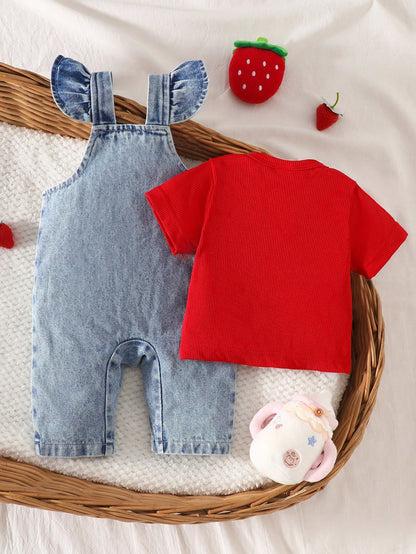 2pcs Baby Girls' Cute Strawberry Embroidered Bib Pants Soft Cotton Blue Summer Family Matching