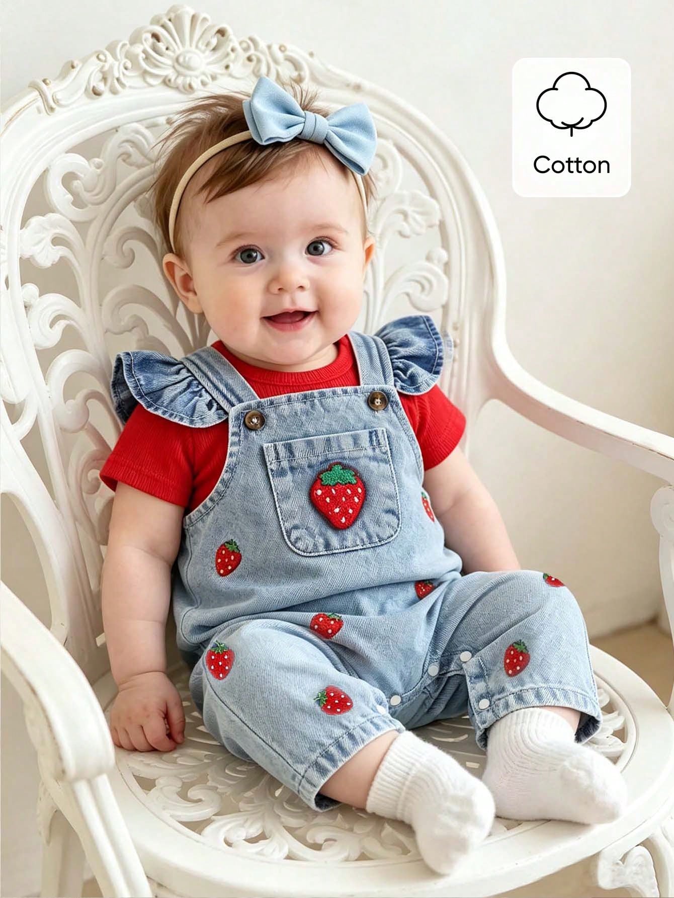 2pcs Baby Girls' Cute Strawberry Embroidered Bib Pants Soft Cotton Blue Summer Family Matching