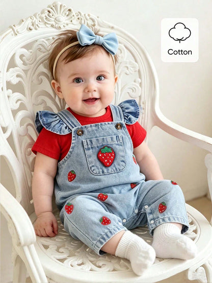2pcs Baby Girls' Cute Strawberry Embroidered Bib Pants Soft Cotton Blue Summer Family Matching