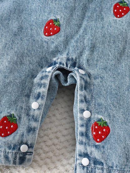 2pcs Baby Girls' Cute Strawberry Embroidered Bib Pants Soft Cotton Blue Summer Family Matching