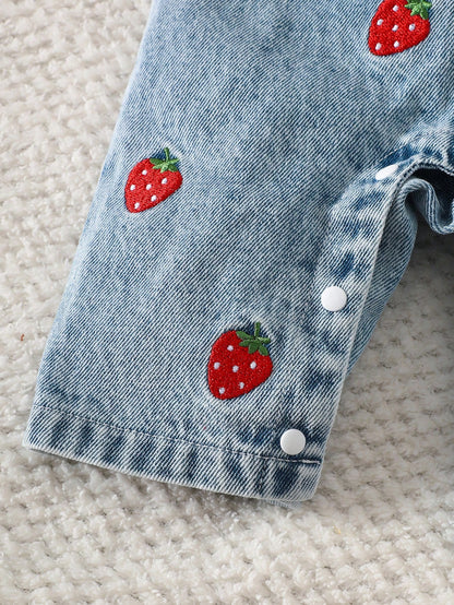 2pcs Baby Girls' Cute Strawberry Embroidered Bib Pants Soft Cotton Blue Summer Family Matching