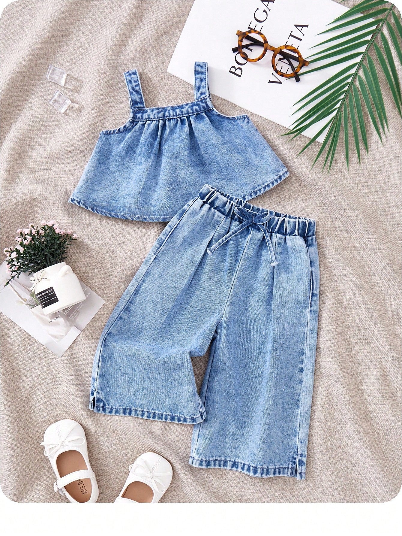 2pcs Baby Girls Denim Suspender Top & Elastic Waist Pants Set,Kid Girls Spring And Summer Casual Vacation Boho Howear,Kid Girls Spring And Summer Casual Vacation Boho Howear Kid Girls