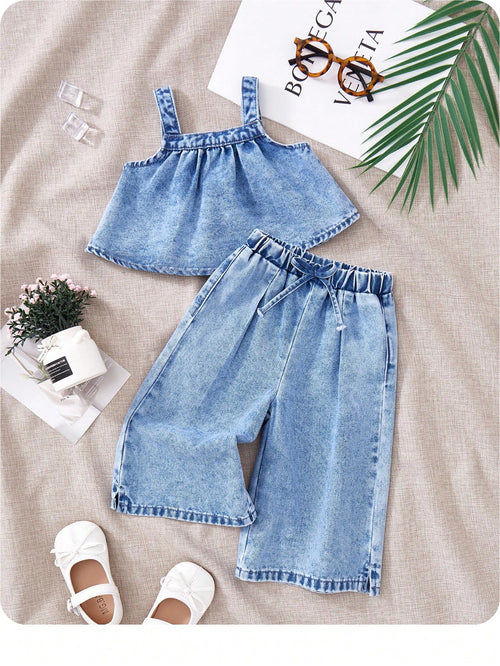 2pcs Baby Girls Denim Suspender Top & Elastic Waist Pants Set,Kid Girls Spring And Summer Casual Vacation Boho Howear,Kid Girls Spring And Summer Casual Vacation Boho Howear Kid Girls
