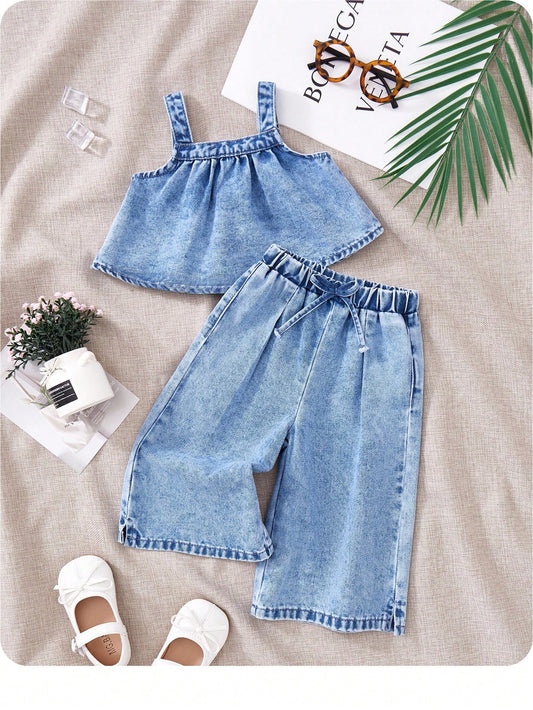 2pcs Baby Girls Denim Suspender Top & Elastic Waist Pants Set,Kid Girls Spring And Summer Casual Vacation Boho Howear,Kid Girls Spring And Summer Casual Vacation Boho Howear Kid Girls
