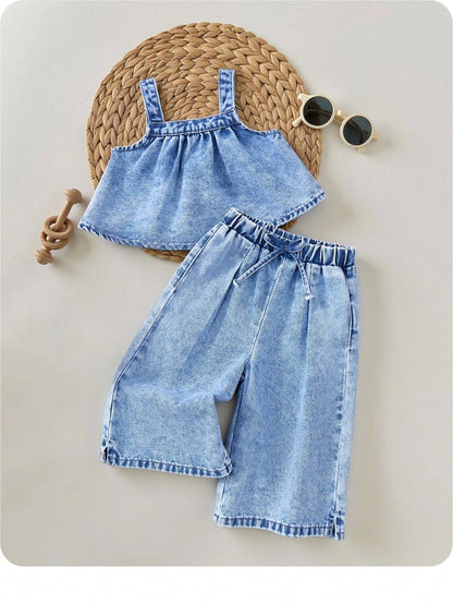 2pcs Baby Girls Denim Suspender Top & Elastic Waist Pants Set,Kid Girls Spring And Summer Casual Vacation Boho Howear,Kid Girls Spring And Summer Casual Vacation Boho Howear Kid Girls