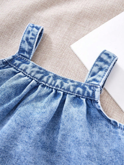 2pcs Baby Girls Denim Suspender Top & Elastic Waist Pants Set,Kid Girls Spring And Summer Casual Vacation Boho Howear,Kid Girls Spring And Summer Casual Vacation Boho Howear Kid Girls