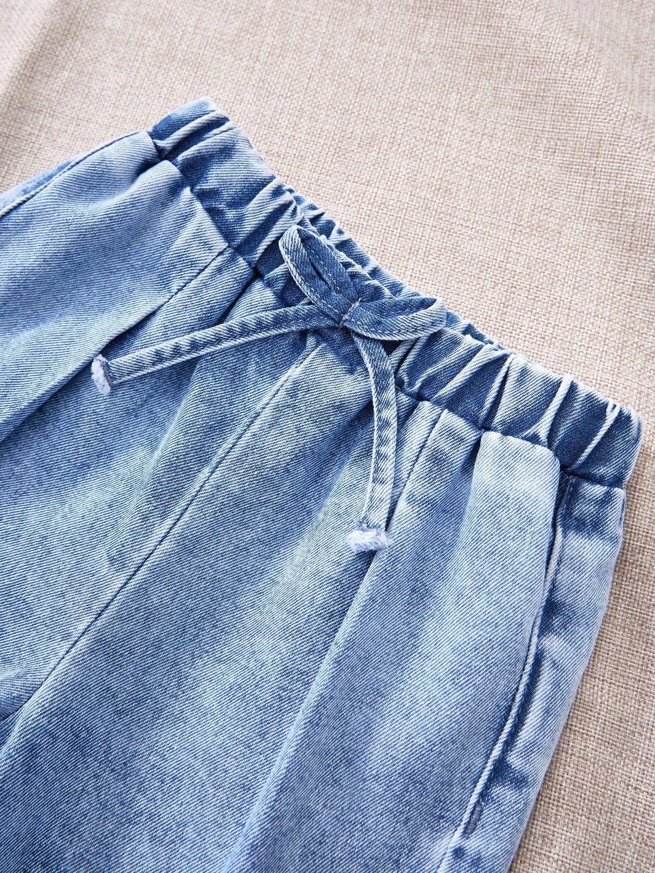 2pcs Baby Girls Denim Suspender Top & Elastic Waist Pants Set,Kid Girls Spring And Summer Casual Vacation Boho Howear,Kid Girls Spring And Summer Casual Vacation Boho Howear Kid Girls