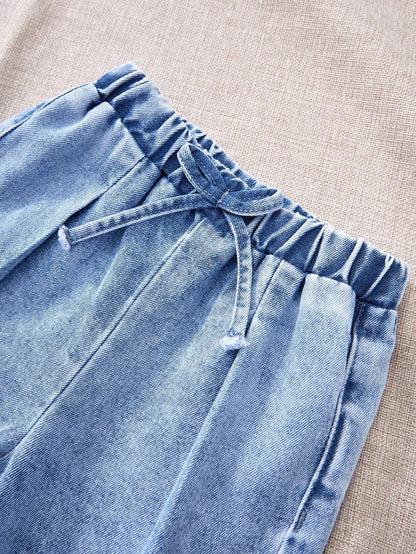 2pcs Baby Girls Denim Suspender Top & Elastic Waist Pants Set,Kid Girls Spring And Summer Casual Vacation Boho Howear,Kid Girls Spring And Summer Casual Vacation Boho Howear Kid Girls