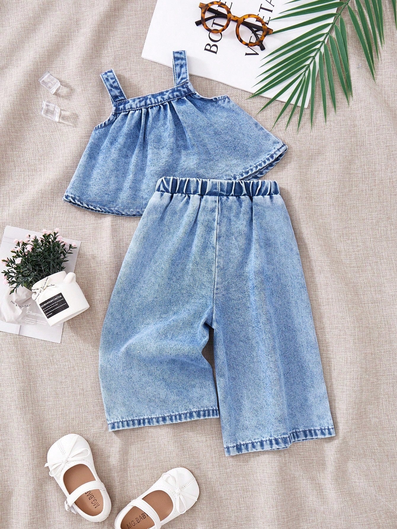 2pcs Baby Girls Denim Suspender Top & Elastic Waist Pants Set,Kid Girls Spring And Summer Casual Vacation Boho Howear,Kid Girls Spring And Summer Casual Vacation Boho Howear Kid Girls