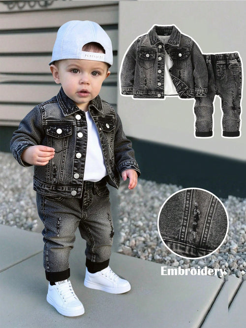 2pcs Baby/Toddler Boys Distressed Urban Street Black Denim Ripped Frayed Jacket And Elastic Skinny Pants Jeans Set Fall Winter,For Boys Fall/Winter Dailywear Outfits,Boys Streetwear Outfits,Boys
