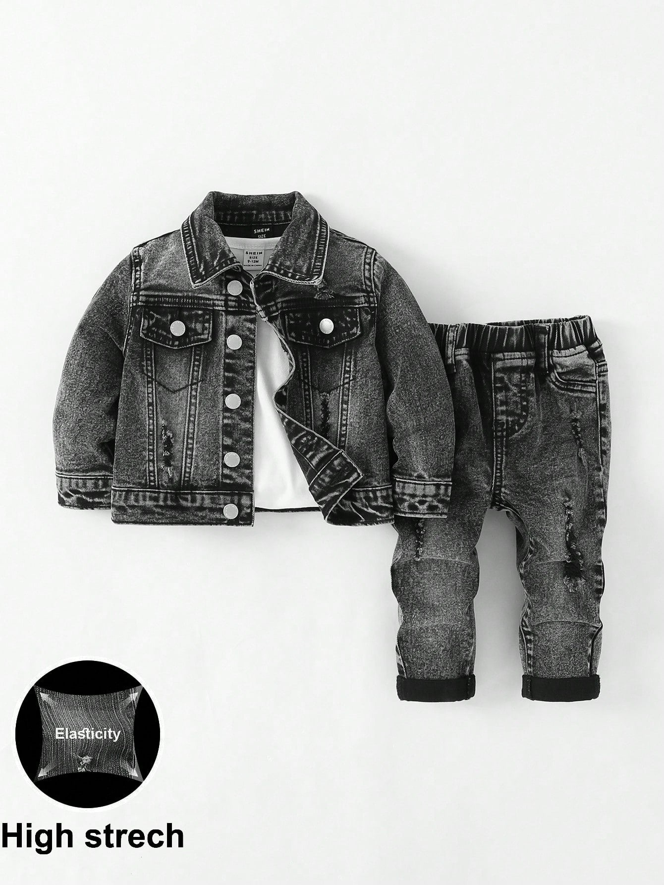 2pcs Baby/Toddler Boys Distressed Urban Street Black Denim Ripped Frayed Jacket And Elastic Skinny Pants Jeans Set Fall Winter,For Boys Fall/Winter Dailywear Outfits,Boys Streetwear Outfits,Boys