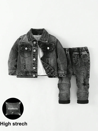 2pcs Baby/Toddler Boys Distressed Urban Street Black Denim Ripped Frayed Jacket And Elastic Skinny Pants Jeans Set Fall Winter,For Boys Fall/Winter Dailywear Outfits,Boys Streetwear Outfits,Boys
