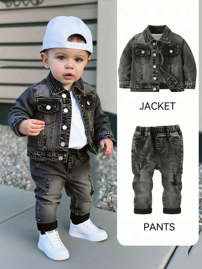 2pcs Baby/Toddler Boys Distressed Urban Street Black Denim Ripped Frayed Jacket And Elastic Skinny Pants Jeans Set Fall Winter,For Boys Fall/Winter Dailywear Outfits,Boys Streetwear Outfits,Boys