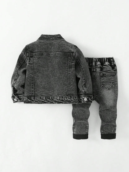 2pcs Baby/Toddler Boys Distressed Urban Street Black Denim Ripped Frayed Jacket And Elastic Skinny Pants Jeans Set Fall Winter,For Boys Fall/Winter Dailywear Outfits,Boys Streetwear Outfits,Boys
