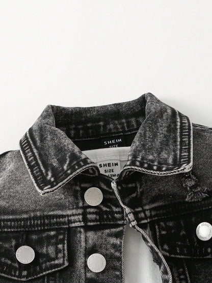 2pcs Baby/Toddler Boys Distressed Urban Street Black Denim Ripped Frayed Jacket And Elastic Skinny Pants Jeans Set Fall Winter,For Boys Fall/Winter Dailywear Outfits,Boys Streetwear Outfits,Boys