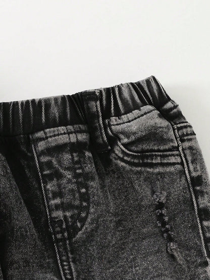 2pcs Baby/Toddler Boys Distressed Urban Street Black Denim Ripped Frayed Jacket And Elastic Skinny Pants Jeans Set Fall Winter,For Boys Fall/Winter Dailywear Outfits,Boys Streetwear Outfits,Boys