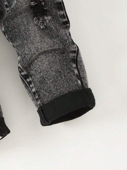 2pcs Baby/Toddler Boys Distressed Urban Street Black Denim Ripped Frayed Jacket And Elastic Skinny Pants Jeans Set Fall Winter,For Boys Fall/Winter Dailywear Outfits,Boys Streetwear Outfits,Boys