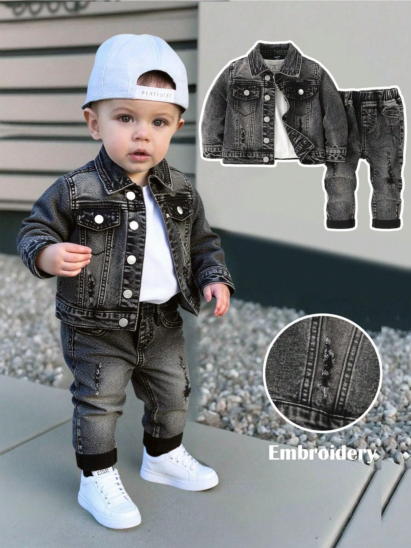 2pcs Baby/Toddler Boys Distressed Urban Street Black Denim Ripped Frayed Jacket And Elastic Skinny Pants Jeans Set Fall Winter,For Boys Fall/Winter Dailywear Outfits,Boys Streetwear Outfits,Boys