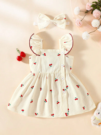 2pcs Baby/Toddler Girls' Cute Watercolor Floral Print Sleeveless Dress And Headband Set, Summer