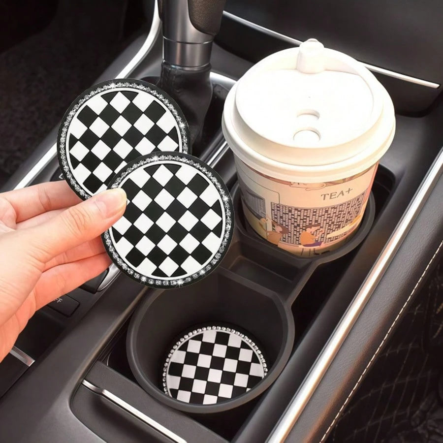 2pcs Black And White Checkerboard Car Cup Coasters With Shiny Rhinestone Silver Chain, Fashionable And Elegant, 2-In-1 Car Cup Holder Protection And Decoration