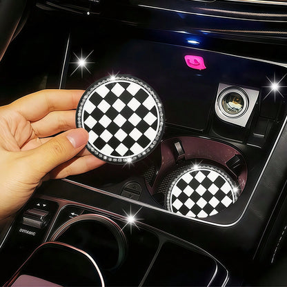 2pcs Black And White Checkerboard Car Cup Coasters With Shiny Rhinestone Silver Chain, Fashionable And Elegant, 2-In-1 Car Cup Holder Protection And Decoration