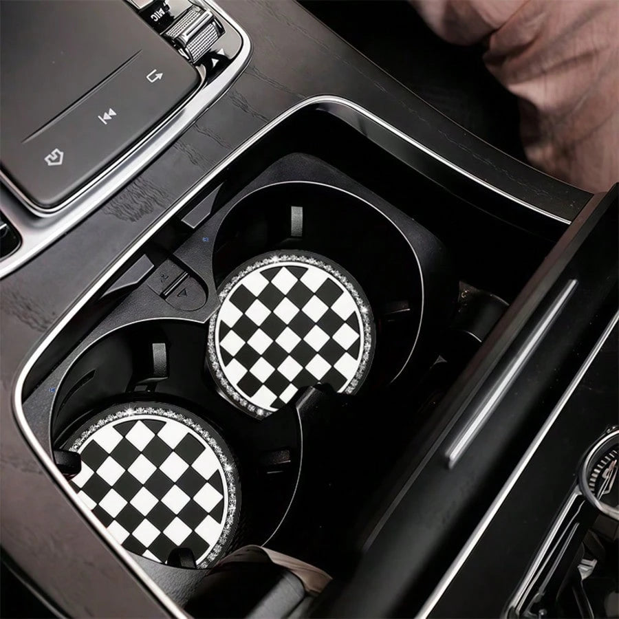 2pcs Black And White Checkerboard Car Cup Coasters With Shiny Rhinestone Silver Chain, Fashionable And Elegant, 2-In-1 Car Cup Holder Protection And Decoration