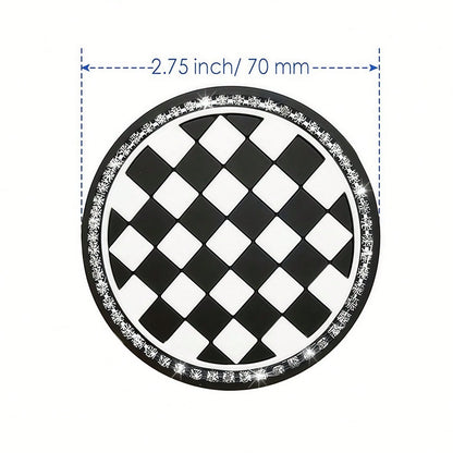 2pcs Black And White Checkerboard Car Cup Coasters With Shiny Rhinestone Silver Chain, Fashionable And Elegant, 2-In-1 Car Cup Holder Protection And Decoration