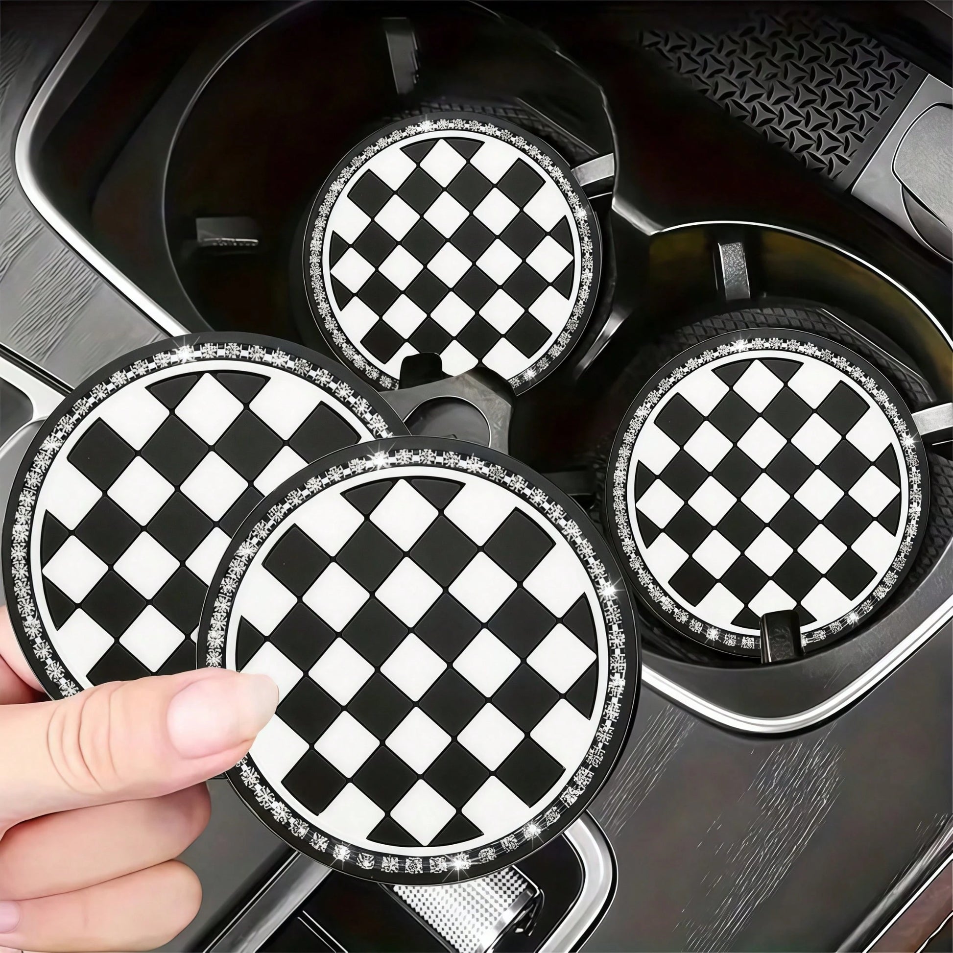 2pcs Black And White Checkerboard Car Cup Coasters With Shiny Rhinestone Silver Chain, Fashionable And Elegant, 2-In-1 Car Cup Holder Protection And Decoration