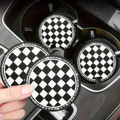 2pcs Black And White Checkerboard Car Cup Coasters With Shiny Rhinestone Silver Chain, Fashionable And Elegant, 2-In-1 Car Cup Holder Protection And Decoration