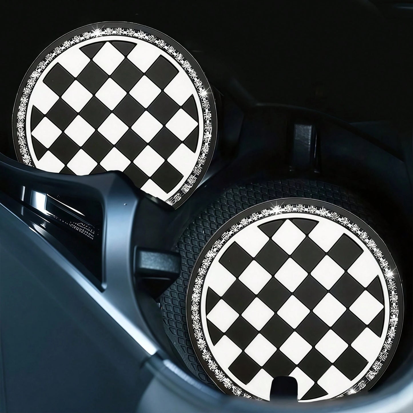 2pcs Black And White Checkerboard Car Cup Coasters With Shiny Rhinestone Silver Chain, Fashionable And Elegant, 2-In-1 Car Cup Holder Protection And Decoration