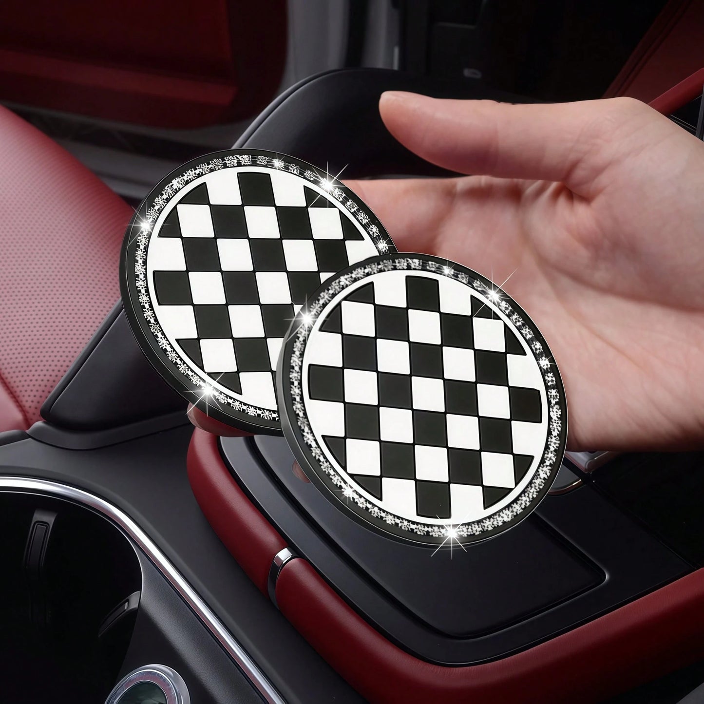 2pcs Black And White Checkerboard Car Cup Coasters With Shiny Rhinestone Silver Chain, Fashionable And Elegant, 2-In-1 Car Cup Holder Protection And Decoration