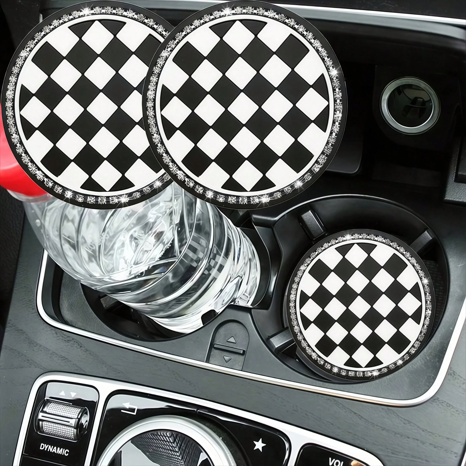 2pcs Black And White Checkerboard Car Cup Coasters With Shiny Rhinestone Silver Chain, Fashionable And Elegant, 2-In-1 Car Cup Holder Protection And Decoration