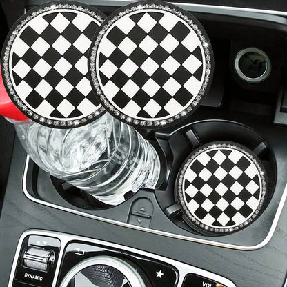 2pcs Black And White Checkerboard Car Cup Coasters With Shiny Rhinestone Silver Chain, Fashionable And Elegant, 2-In-1 Car Cup Holder Protection And Decoration