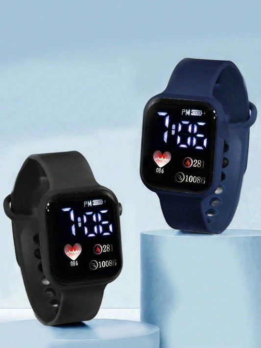2pcs Black & Blue PVC Strap Sports Square Dial Heart Numeral Watches, Suitable For Daily Wear