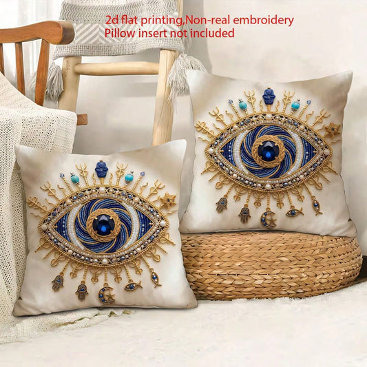 2pcs Bohemian Evil Eye Pattern Single-Sided Print Throw Pillow Covers, Soft Comfortable Polyester Fiber Cushion Covers, Size 45x45cm(17.72x17.72 Inches), Zipper Closure, Machine Washable, Suitable For