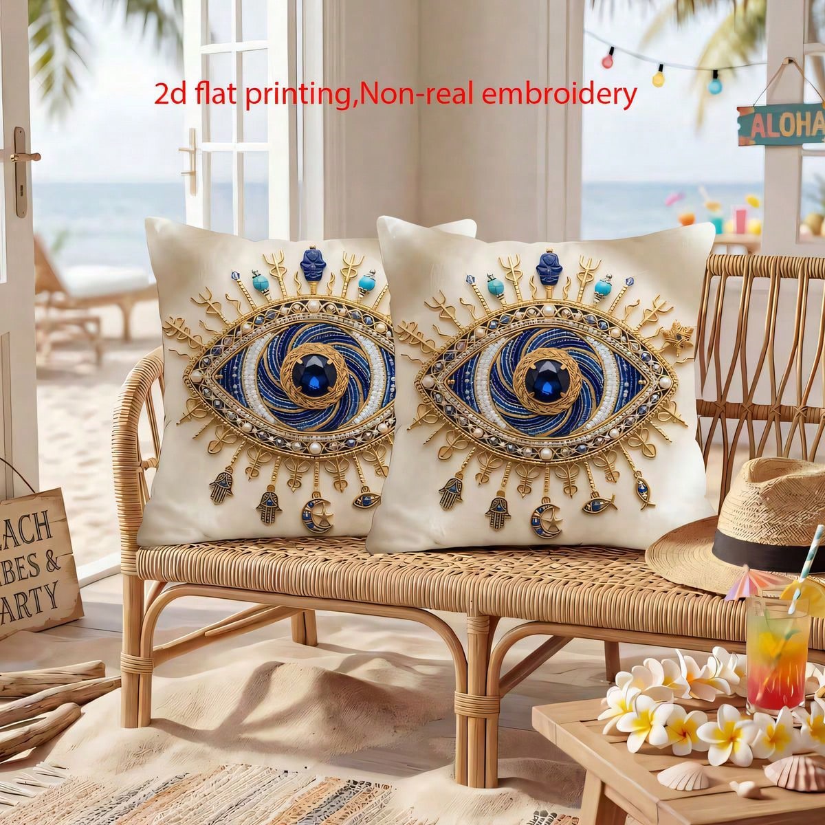 2pcs Bohemian Evil Eye Pattern Single-Sided Print Throw Pillow Covers, Soft Comfortable Polyester Fiber Cushion Covers, Size 45x45cm(17.72x17.72 Inches), Zipper Closure, Machine Washable, Suitable For