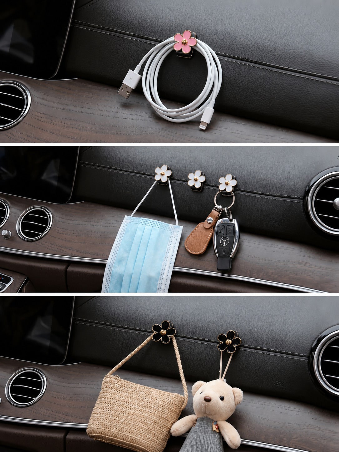 2pcs Car Adhesive Mini Flower Shaped Hooks, Suitable For Dashboard Storage And Home Use, Can Hang Bags, Keys And Other Decorative Accessories