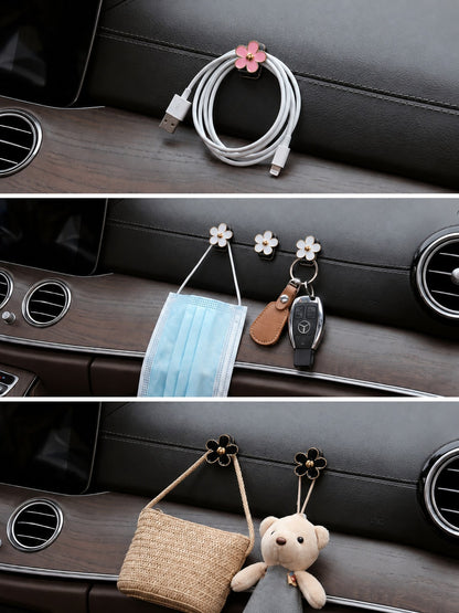 2pcs Car Adhesive Mini Flower Shaped Hooks, Suitable For Dashboard Storage And Home Use, Can Hang Bags, Keys And Other Decorative Accessories
