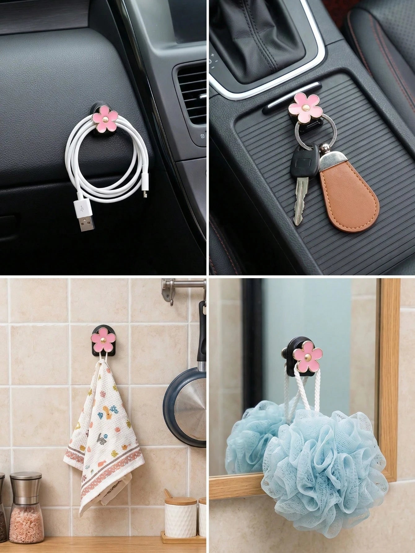 2pcs Car Adhesive Mini Flower Shaped Hooks, Suitable For Dashboard Storage And Home Use, Can Hang Bags, Keys And Other Decorative Accessories