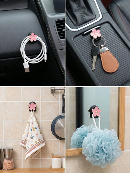 2pcs Car Adhesive Mini Flower Shaped Hooks, Suitable For Dashboard Storage And Home Use, Can Hang Bags, Keys And Other Decorative Accessories