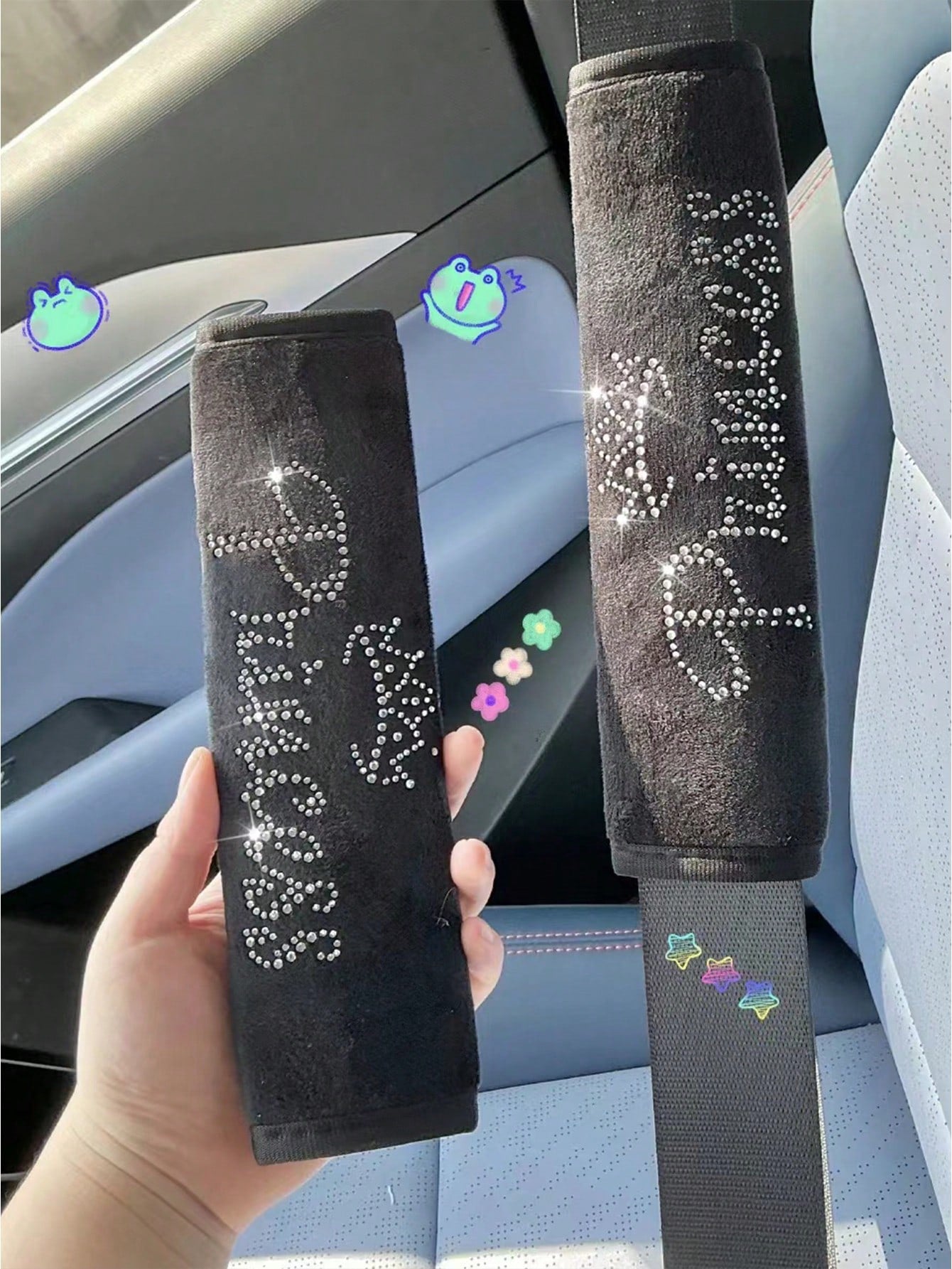 2pcs Car Seat Belt Diamond Padded Shoulder Strap Cover Decoration Set