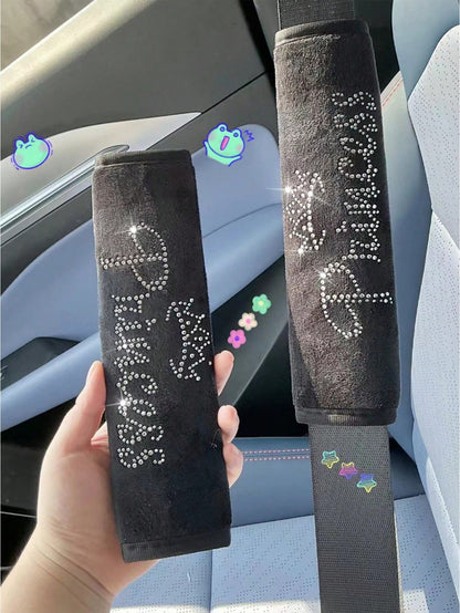 2pcs Car Seat Belt Diamond Padded Shoulder Strap Cover Decoration Set