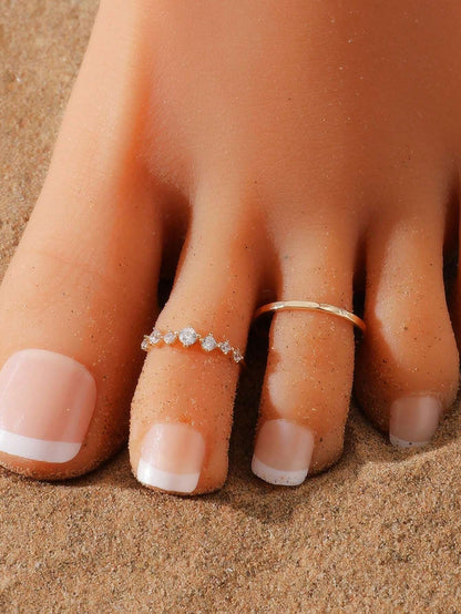 2pcs Cubic Zirconia Decorated Toe Rings, Women Beach Jewelry