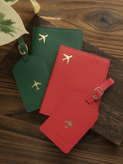 2PCS Custom Name Passport Holder And Luggage Tag Set, Personalized Leather Passport Cover, Customized Maroon Travel Accessories, Portable Travel Set