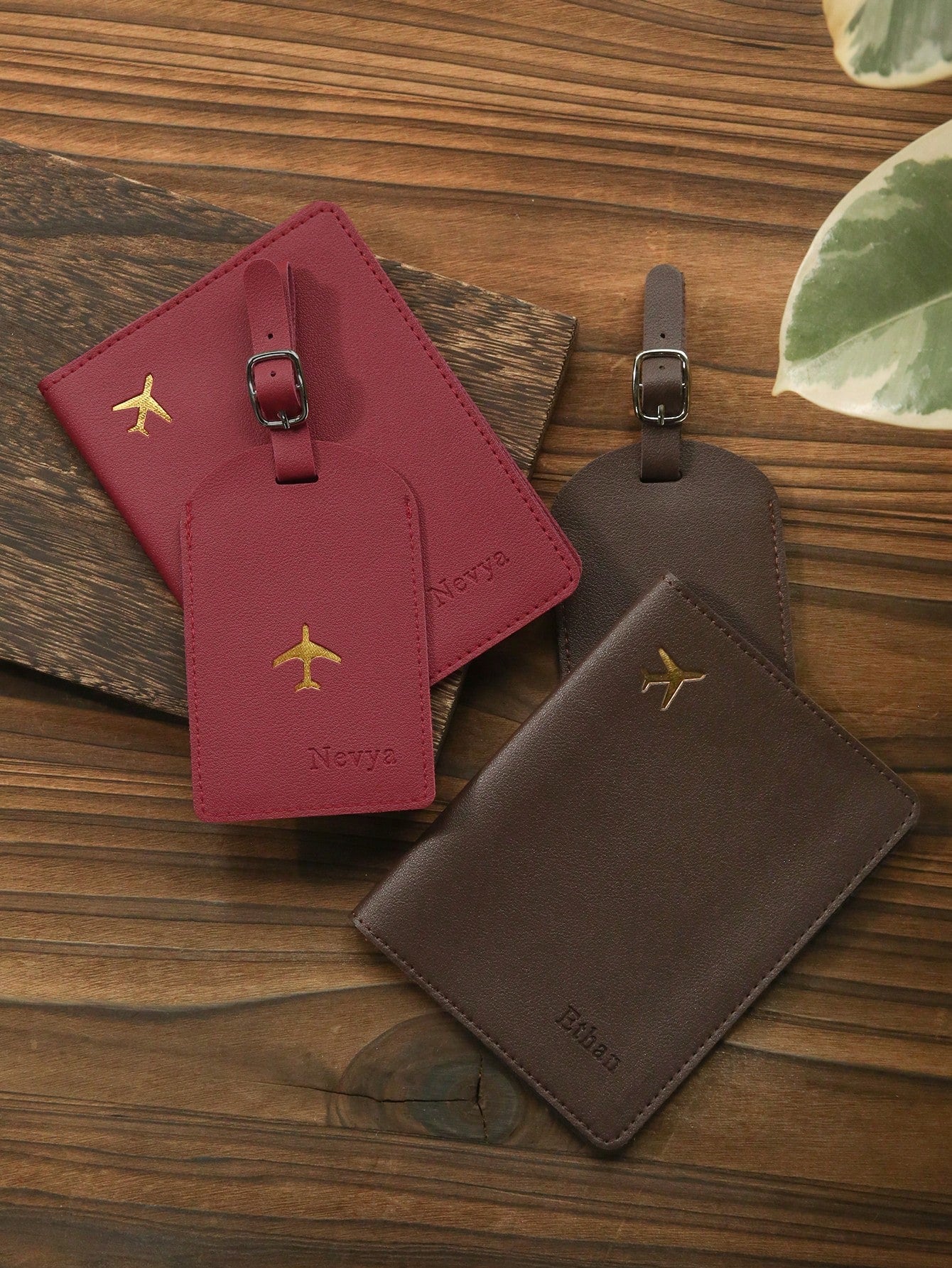 2PCS Custom Name Passport Holder And Luggage Tag Set, Personalized Leather Passport Cover, Customized Maroon Travel Accessories, Portable Travel Set