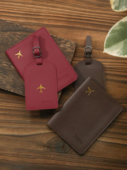 2PCS Custom Name Passport Holder And Luggage Tag Set, Personalized Leather Passport Cover, Customized Maroon Travel Accessories, Portable Travel Set