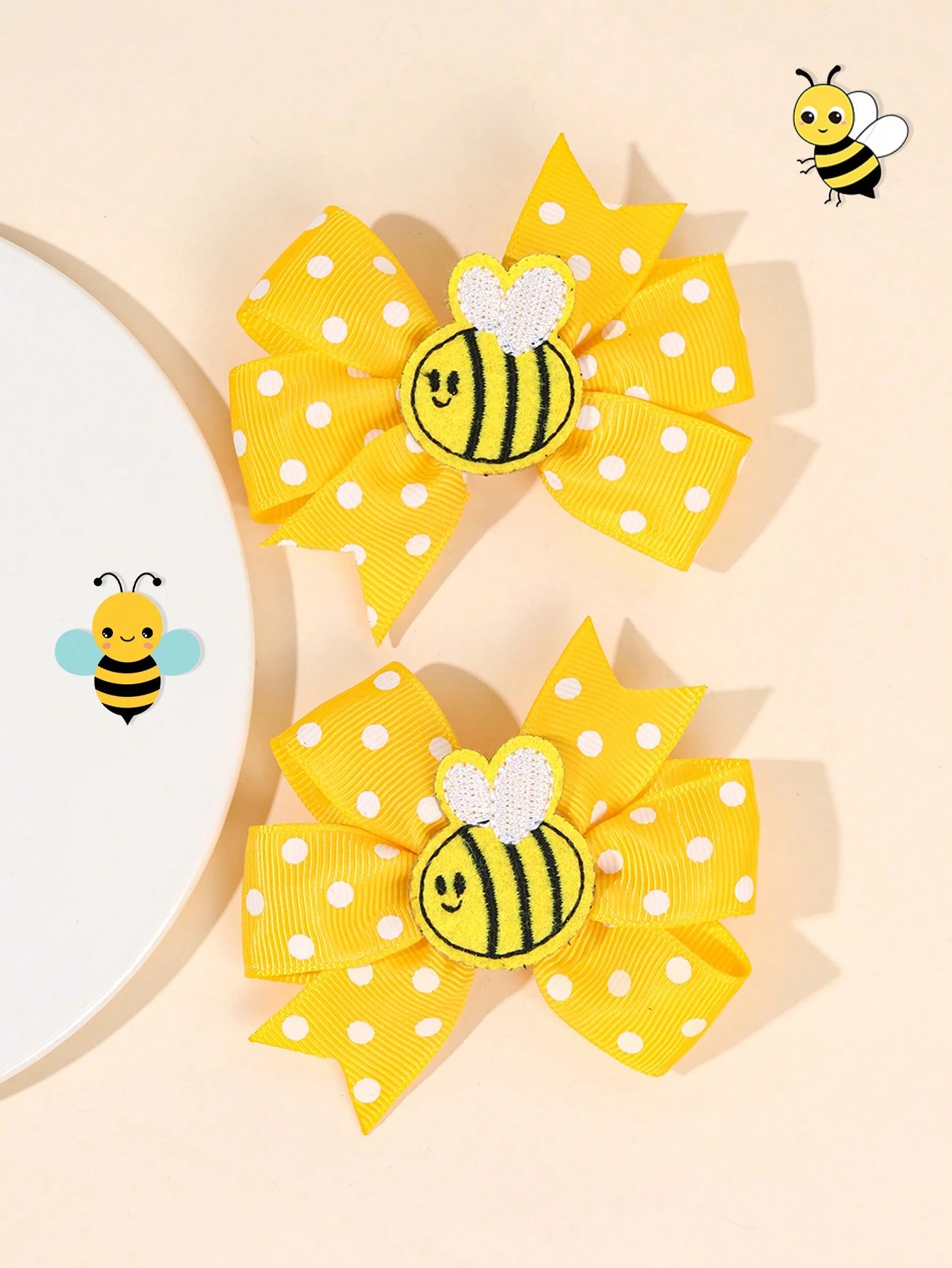 2pcs Cute Honey Bee Hair Clips For Girls Adorable Bee Patch Hair Bows White Polka Dot Bow Alligator Clips With Fully Lined Yellow Grosgrain Ribbon Bow Hairpins Lovely Spring Barrettes Girls Holiday Pa
